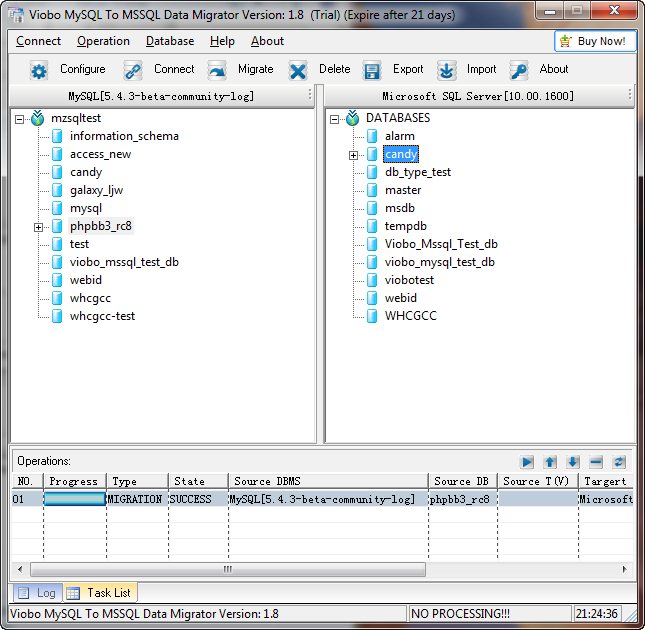 Click to view Viobo MySQL to MSSQL Data Migrator Bus. 1.8 screenshot