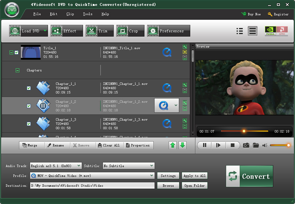 Click to view 4Videosoft DVD to QuickTime Converter 3.3.28 screenshot