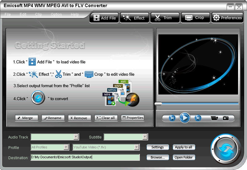Click to view Emicsoft MP4 WMV MPEG AVI to FLV Converter 4.0.08 screenshot