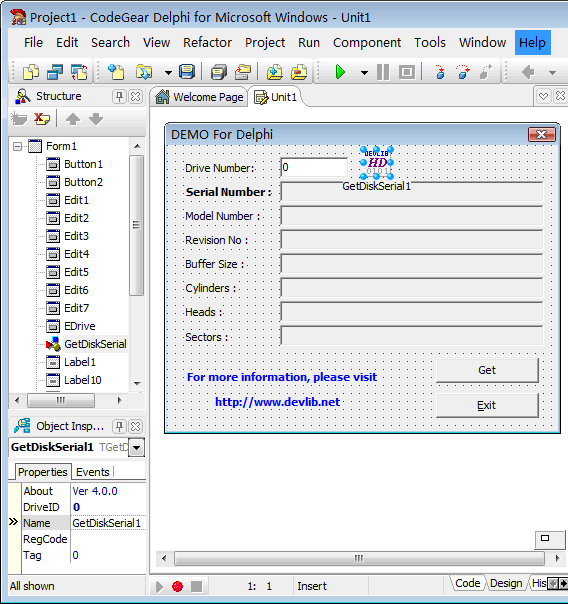Click to view TGetDiskSerial Component 4.2.0 screenshot