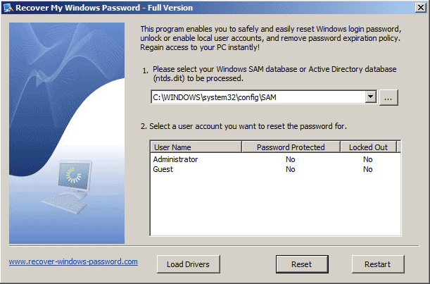 Click to view Recover My Windows Password 7.0 screenshot