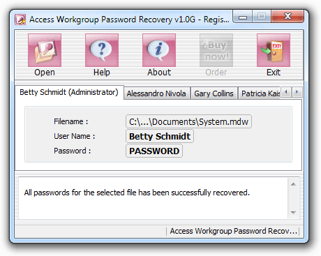 Click to view Access Workgroup Password Recovery 1.0F screenshot