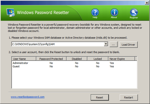 Click to view Windows Password Resetter 1.7 screenshot