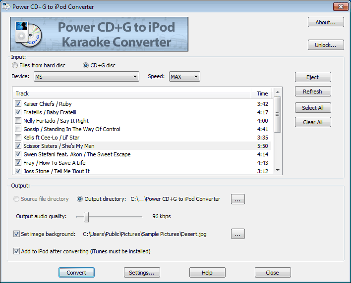 Click to view Power CD+G to iPod Karaoke Converter 1.0.23 screenshot