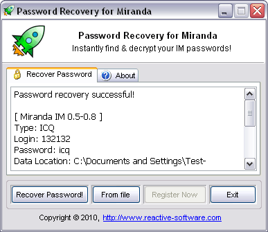 Click to view Miranda Password Recovery 1.0.210.2006 screenshot