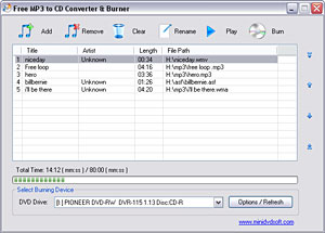 Click to view Free MP3 to CD Converter & Burner 2.5 screenshot