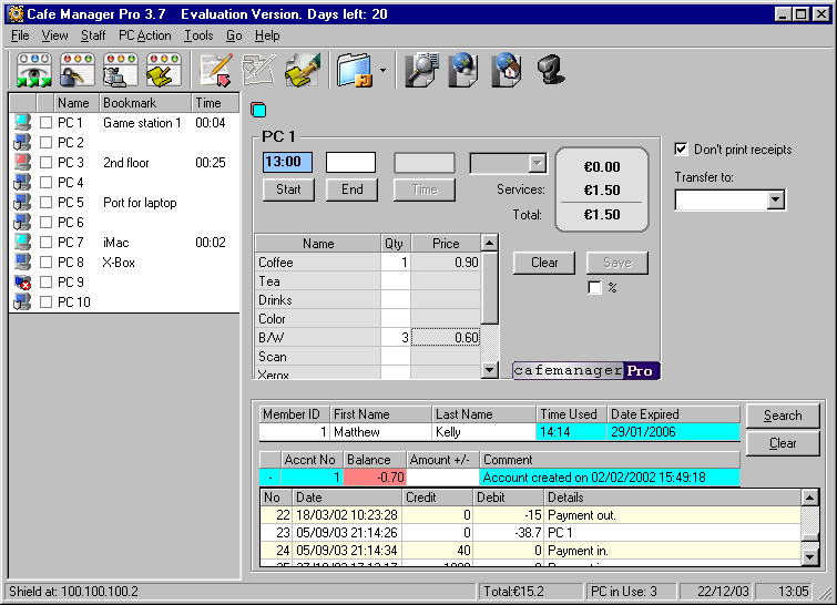 Click to view Cafe Manager Pro for Internet Cafes 3.8.6 screenshot