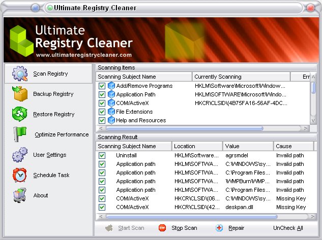 Click to view Ultimate Registry Cleaner 12.0 screenshot