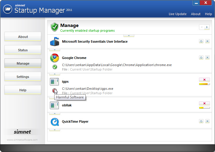 Click to view Simnet Startup Manager 2011 3.1.2.1 screenshot