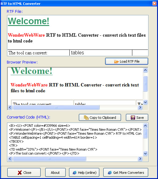 Click to view Wonderwebware RTF to HTML Converter 1.0 screenshot