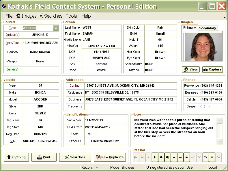 Click to view Police Field Contact Manager 7 screenshot