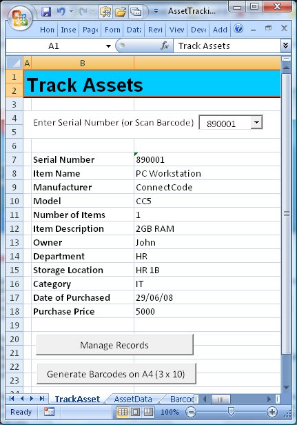 Click to view ConnectCode Asset Tracking Spreadsheet 1.0 screenshot
