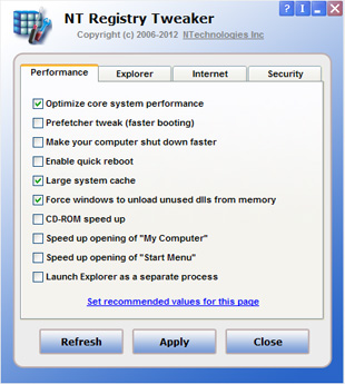 Click to view NT Registry Tweaker 1.0 screenshot